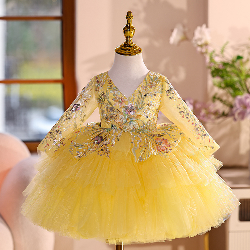 Baby Clothing High End - Golden Yellow Sequined Floral Puffy Princess